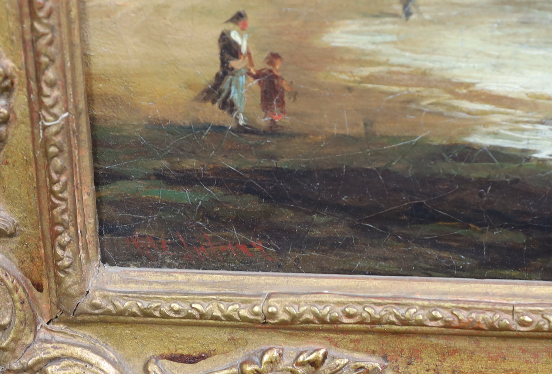 19th Century English School, oil on canvas, Fishing boats along the coast, indistinctly signed, 35 x 60cm